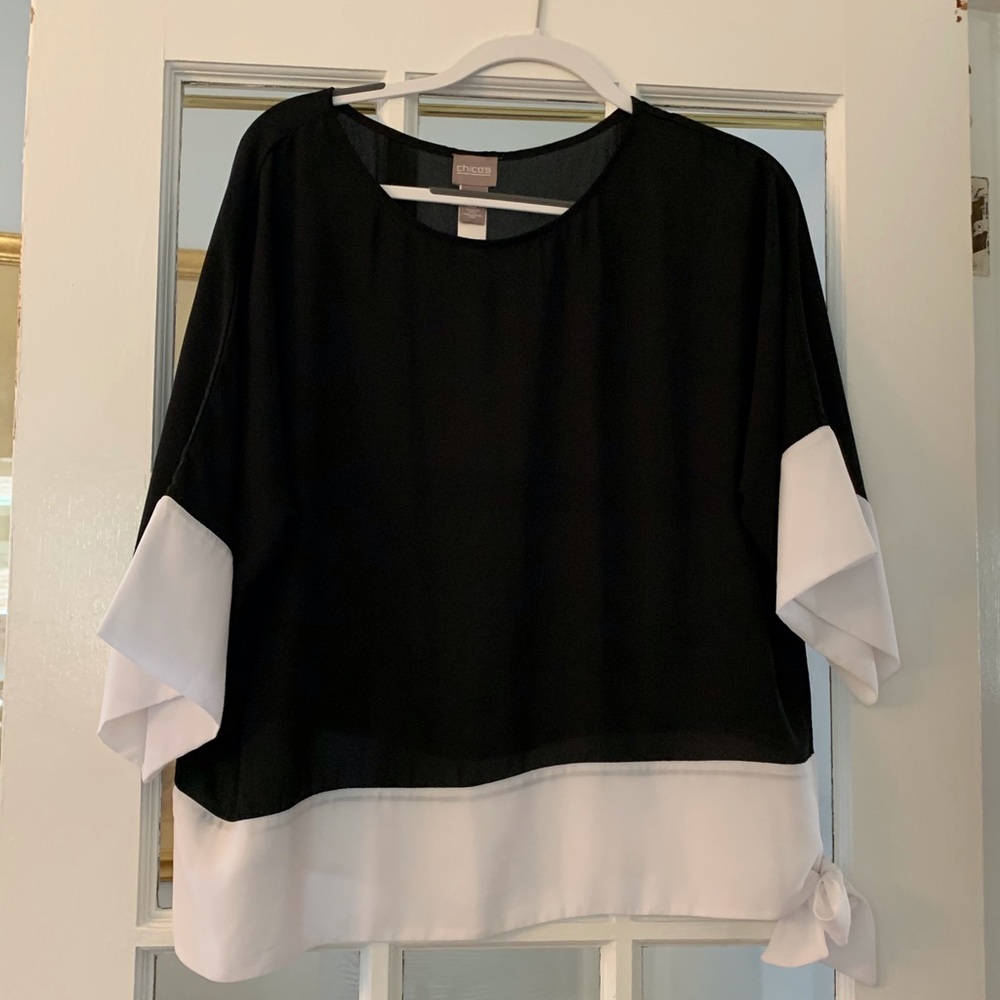 Chico’s blouse tie at waist, 3/4 wide sleeves.